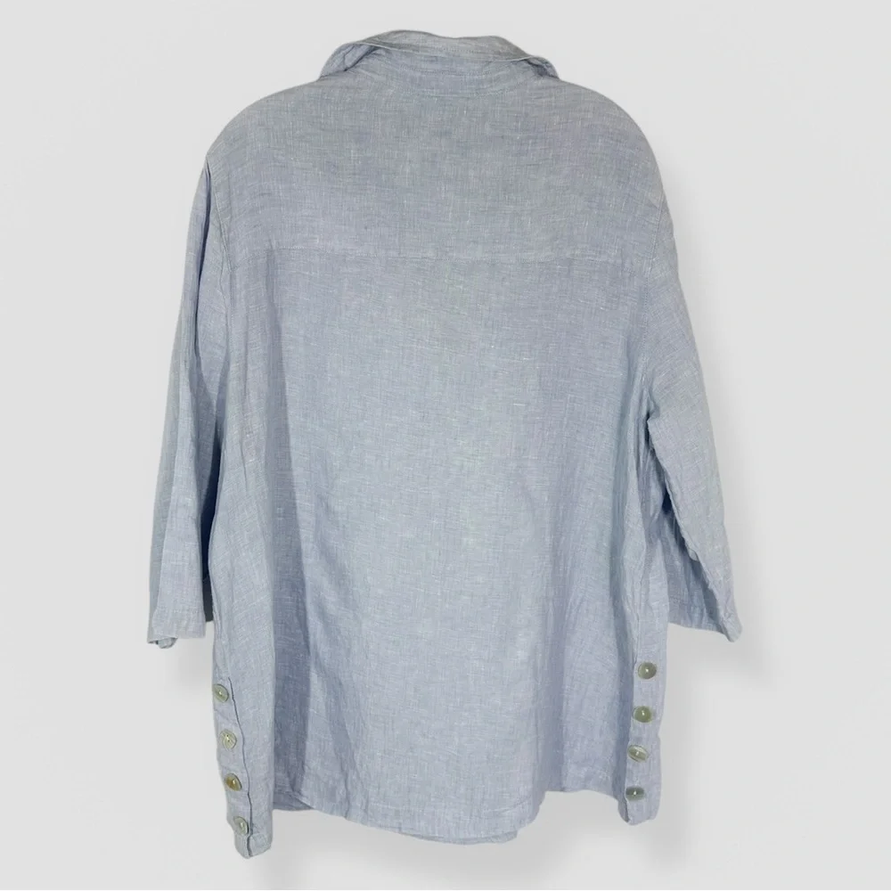 Tahari Blue White Striped 100% Linen 3/4 Sleeve Tunic Top Plus Size 1X Coastal